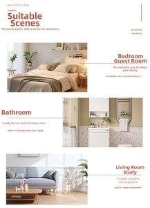 Detailed views of the realistic peach candle in bedroom, bathroom and living room settings