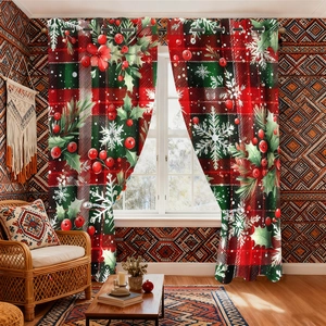 Close-up of Christmas curtains with red and green plaid patterns and metal grommet rings