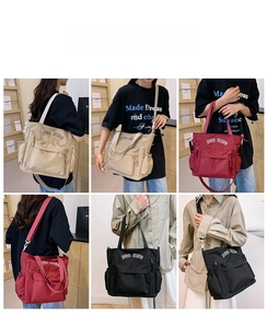 Collage of nylon tote bags in khaki, burgundy, and black with adjustable straps