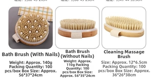 Three bamboo bath brushes including round massage brush and oval bristle body brush