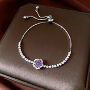 Bracelet de luxe français en argent avec cristal violet et chaîne de tennis réglable
