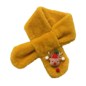Bright yellow plush rabbit fur scarf for kids with 3D Christmas reindeer decoration