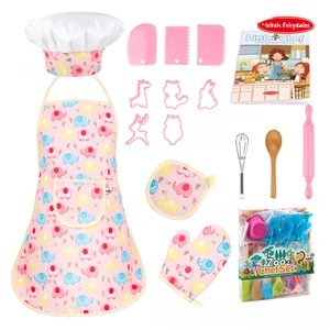 17-piece pink kids chef baking set with apron, hat, and tools in a gift box