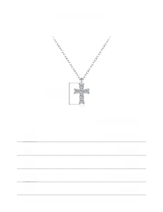 Detailed spec sheet showing a 925 sterling silver cross necklace with 0.18ct stones