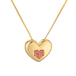 Golden heart pendant necklace with red pavé crystals on elegant box chain jewelry