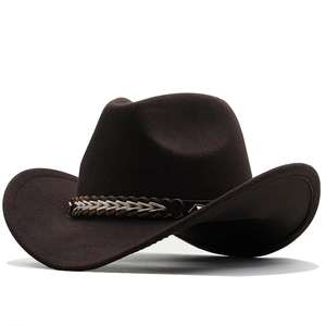 Detail of dark brown wool fedora hat with woven leather band and metal rivets