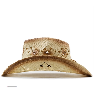 Detailed top view of straw cowboy hat with decorative hollow diamond weave pattern