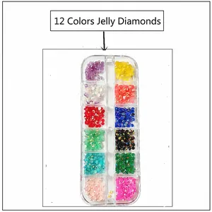 Detailed top view of 12-color jelly rhinestones set in a 12-grid transparent plastic box