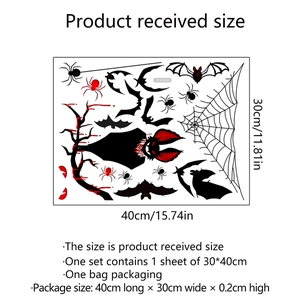 Detailed size chart for Halloween stickers with bat and spider web blood splatter designs