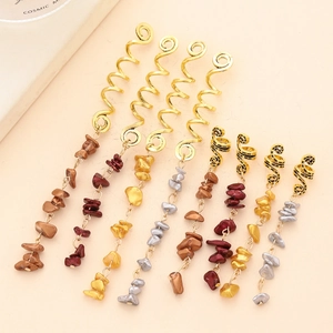 Set of 7 bohemian gold spiral hair rings with irregular natural stone pendants