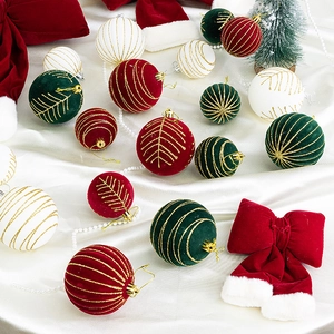 Set of 15 velvet Christmas ball ornaments in red, green, and white with golden lines