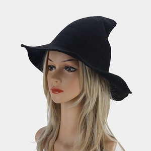 Women's black knitted Halloween wizard hat with pointed top and wide brim sun protection