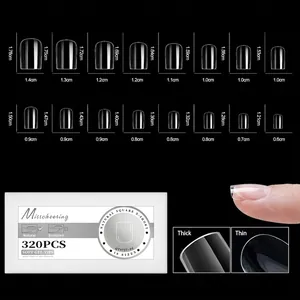 Size chart showing 16 sizes of short natural square soft gel matte false nail tips