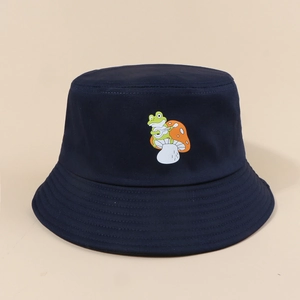 Dark blue cotton bucket hat with cute cartoon frog and mushroom embroidery for sun protection