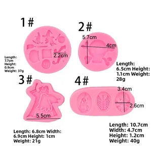 Pink silicone Halloween skull and witch molds with precise dimensions and weight specs