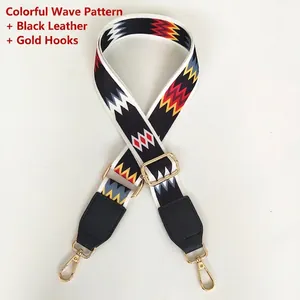 Detail of colorful zigzag woven strap with black faux leather and gold metal swivel hooks