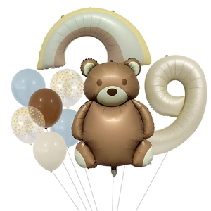 Detailed set of matte teddy bear, rainbow, and number 9 balloon for birthday party decor