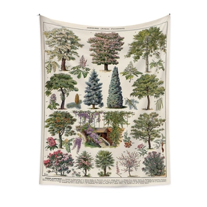 Detailed retro botanical illustration print on vintage style hanging tapestry fabric