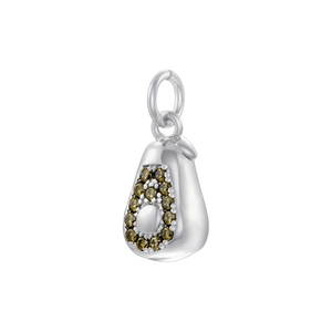 Macro shot of silver avocado fruit pendant with embedded brown gemstones for jewelry making