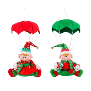 Christmas elf parachute ornaments in red and green with Merry embroidery for tree decor