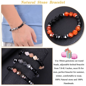 Elastic beaded bracelet with natural multifaceted agate and obsidian stones in 10mm size
