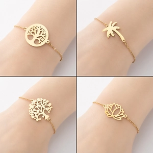 Stainless Steel Tree Of Life Coconut Palm Lotus Flower Pendant Bracelet Adjustable Minimalist Fashion Jewelry For Women