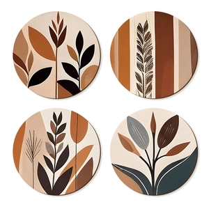 Set of 4 boho wooden wall art pieces with geometric plant leaf designs in earthy tones