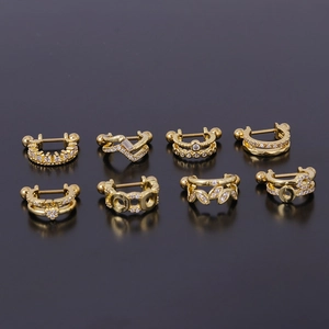 Set of 8 gold-plated surgical steel ear cartilage studs with cubic zirconia in various shapes