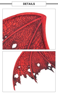 Close-up of red dragon wings detailing the scale texture and jagged edges for cosplay
