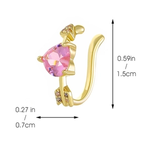 Detail of gold ear cuff with pink heart gemstone and arrows showing 1.5cm height