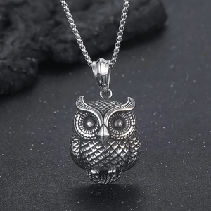 Hip hop vintage silver owl pendant necklace with box chain in retro stainless steel style