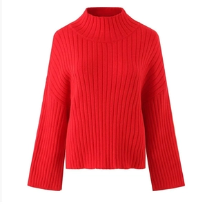 Red high-neck chunky knit sweater with wide sleeves and vertical rib texture