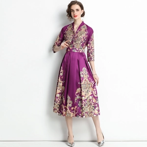 French vintage purple floral V-neck midi dress with puff sleeves and cinched waistline