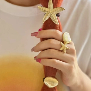 Golden starfish and seashell hair tie with matching ring for beach style fashion