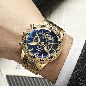 Men's gold steel watch with large blue dial and chronograph, luxury business quartz timepiece