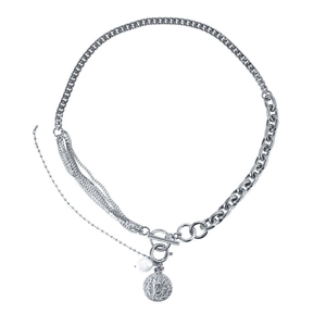 Silver multi-layer necklace with rhinestones, coin pendant, and T-bar toggle clasp