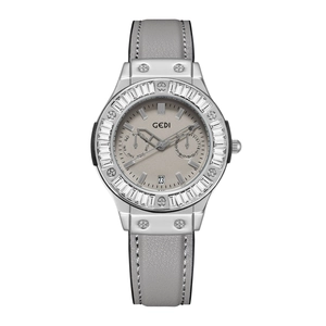 GEDI multi-functional quartz women watch with crystal bezel and grey leather strap