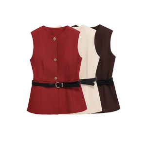 Women Sleeveless Vest Top Waistcoat With Gold Buttons And Detachable Belt Slim Fit Elegant Round Neck Solid Color