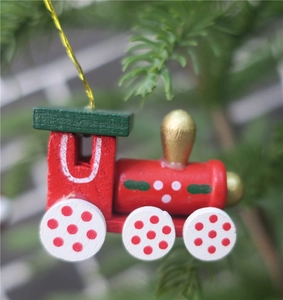 Set of 6 wooden Christmas train ornaments with red and green festive holiday details