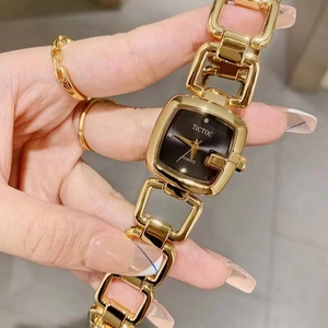 Elegant gold square quartz watch with black dial and hollow link bracelet for women