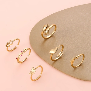 6-piece gold adjustable toe rings set featuring butterfly heart and leaf designs for beach wear
