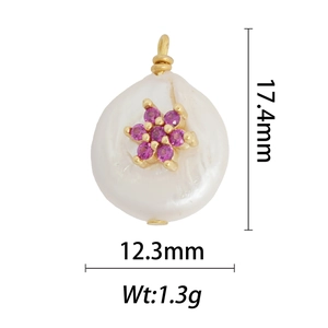 Detailed view of baroque pearl pendant with pink gemstone flower and size specs