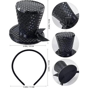Halloween witch hat headband with black sequins, showing dimensions and multi-angle details