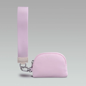 Detail of pink nylon wristlet pouch featuring a wide strap and silver metal clasp