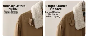 Comparison showing seamless clothes hanger vs wire hanger to prevent shoulder bumps on coats
