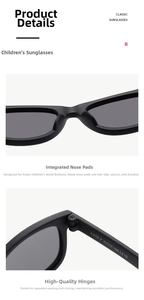Detail of durable hinges and anti-slip nose pads on black silicone toddler sunglasses