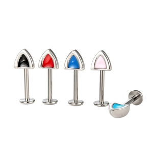 Titanium cat ear labret studs with triangle design in black, red, blue, and pink colors