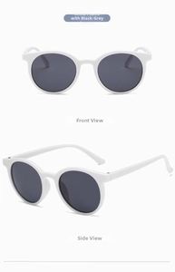 Close-up of white round sunglasses with dark grey lenses in front and side views