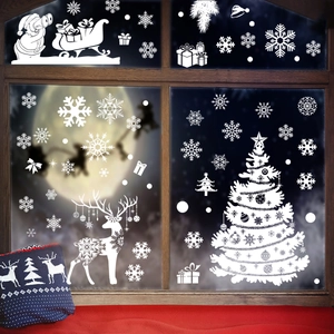 White Christmas window stickers featuring Santa, reindeer, and snowflakes for home decor