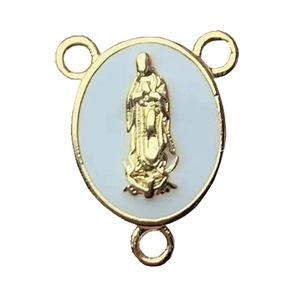 Religious Guadalupe pendant with golden Mary icon on white enamel and zircon accents